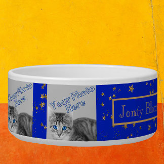 Add 6 Photos & Pet Name Blue Gold Pet Bowl