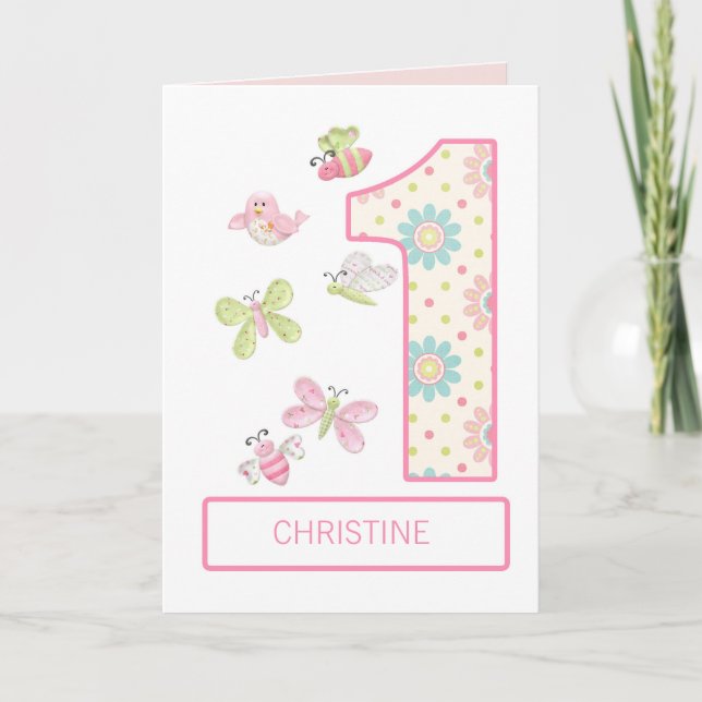 Add a Name, 1st Birthday with Bugs and Butterflies Card (Front)
