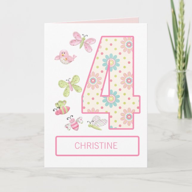 Add a Name, 4th Birthday with Bugs and Butterflies Card (Front)