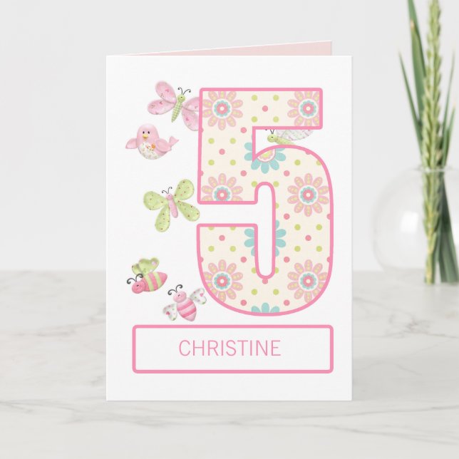 Add a Name, 5th Birthday with Bugs and Butterflies Card (Front)
