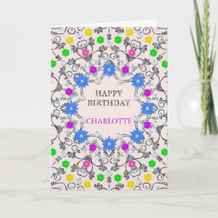 Add a Name Abstract Flowers Birthday Card