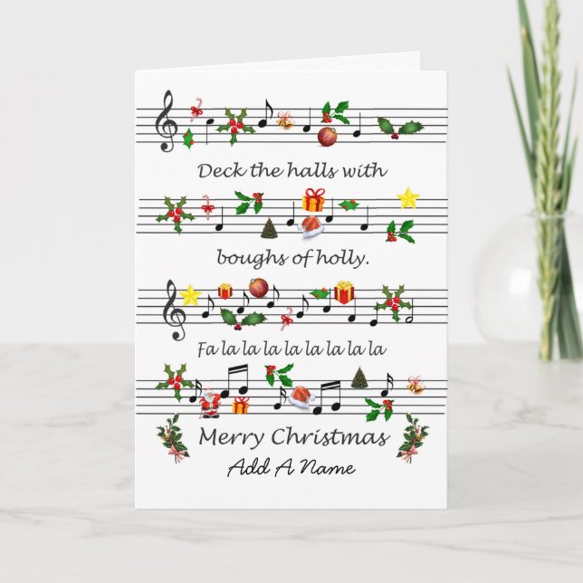Add A Name Christmas Sheet Music Deck The Halls Holiday Card (Front)