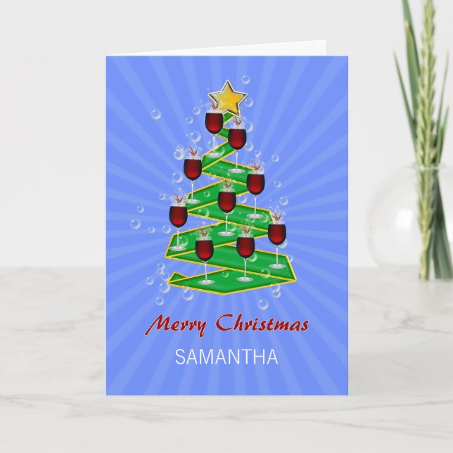 Add a name, Christmas Tree with Wine Holiday Card (Front)