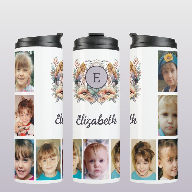 Add a name initials 9 photo floral purple thermal tumbler (Creator Uploaded)