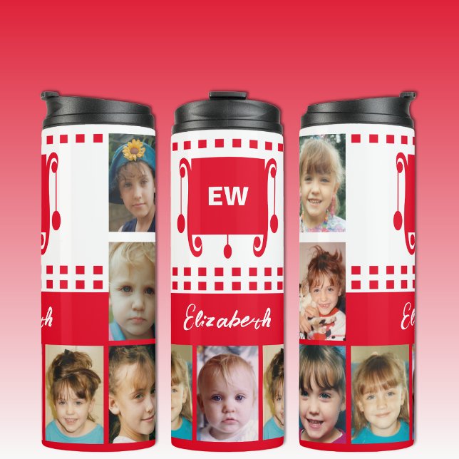 Add a name initials photo collage white red thermal tumbler (Creator Uploaded)