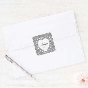 Add A Name Monogram Silver Glitter White Heart Square Sticker