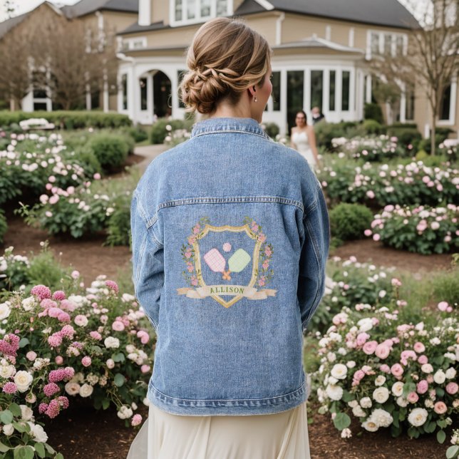  Add-a-Name Preppy Pink Pickle Ball Personalized Denim Jacket (Wedding Back)
