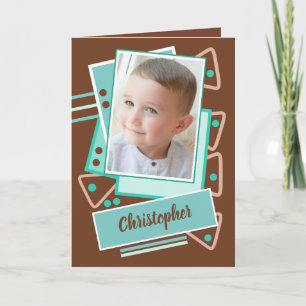 Add a photo name brown mint little boy birthday card
