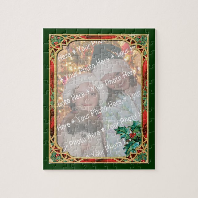 Add-A-Photo Stained Glass Frame with Holly Leaves Jigsaw Puzzle (Vertical)