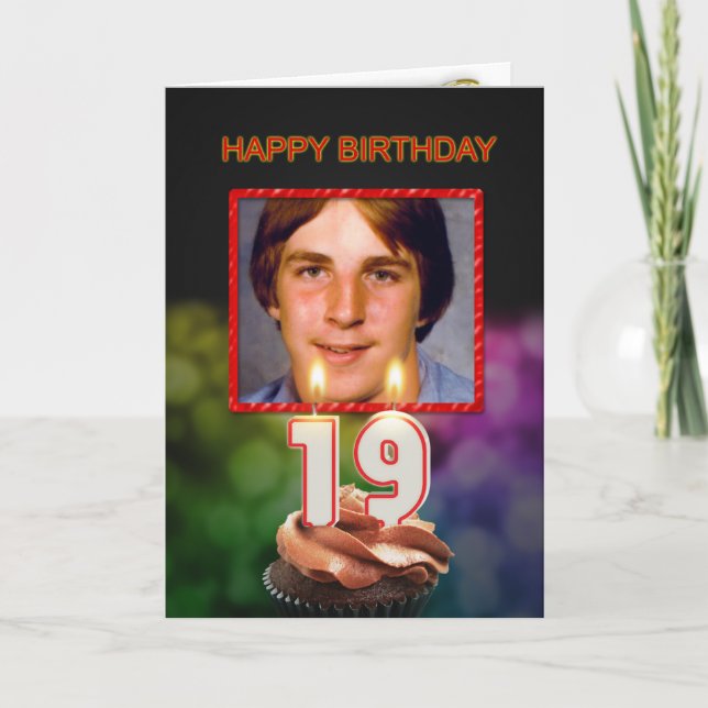 Add a picture, 19th Birthday with cake and candles Card (Front)