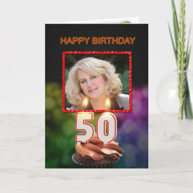 Add a picture, 50th Birthday with cake and candles Card (Front)