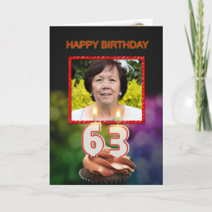 Add a picture, 63rd Birthday with cake and candles Card