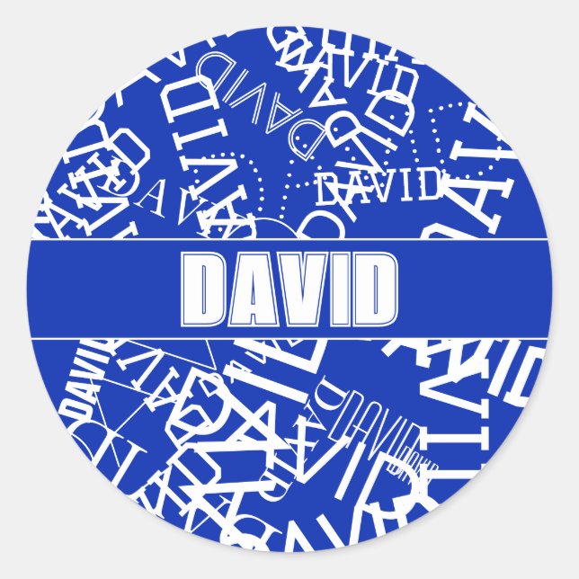 Add any name, name collage In blue & white Classic Round Sticker (Front)