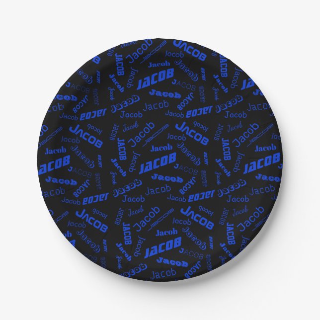 Add Any Name or Word | Blue & Black Paper Plate (Front)
