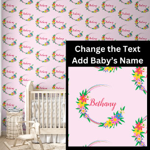 Add Baby Name in Floral Flowers Circle Frame Pink Wallpaper