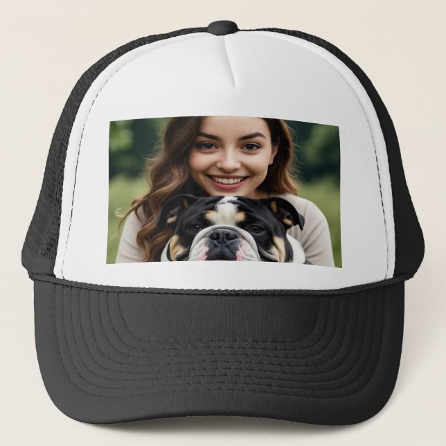 Add Bulldog Photo Personalize Customize Trucker Hat (Front)