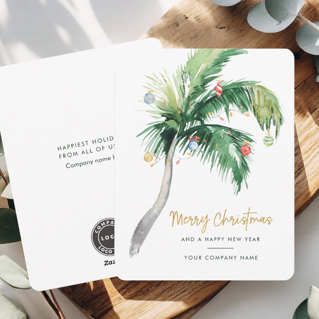 Add Business Corporate Logo Christmas Holiday Card (Christmas Greetings Palm Tree Coastal Business Logo Card)