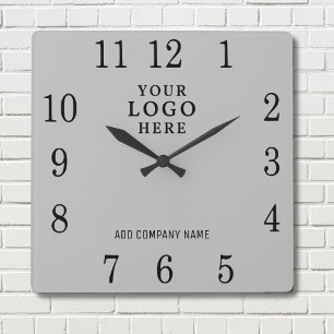 Add Business Logo Company Name Promotional Grey Square Wall Clock