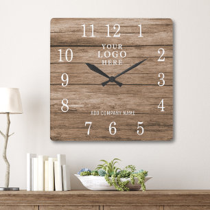 Add Business Logo Company Name Promotional Wood Square Wall Clock