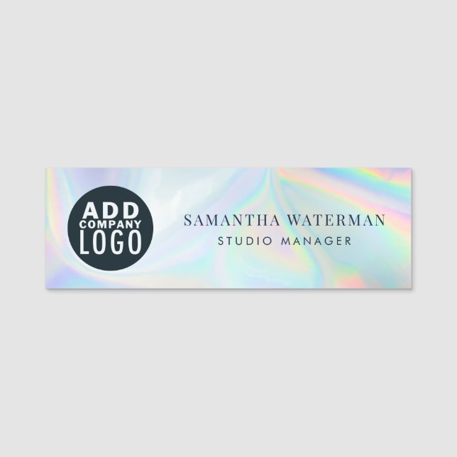 Add Business Logo Holographic Company Employees Name Tag (Front)