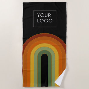 Add Business Logo Retro Seventies Rainbow Black  Beach Towel