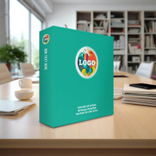 Add Business Logo with custom Text - aqua teal Binder (Custom 3-ring binder - personalize with your logo and text)