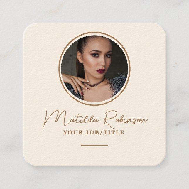 Add Circular Photo Gold Signature Cream Square Business Card (Front)