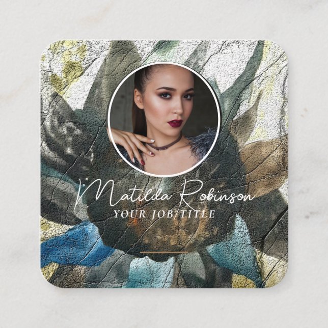 Add Circular Photo Gold Signature Sunflower Square Business Card (Front)