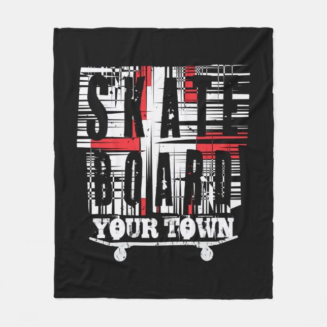 Add City Town Skateboard Distressed White on Black Fleece Blanket (Front)