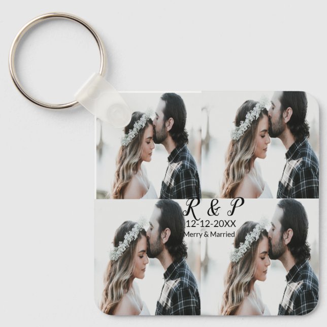 Add couple photo merry married add date year  keychain (Front)