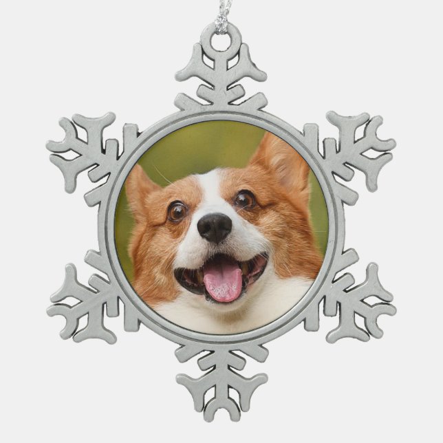 Add Dog Photo Personalized Customized Snowflake Pewter Christmas Ornament (Front)