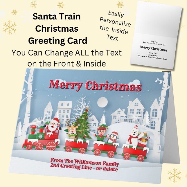 Add Family Name Santa & Elf Train Christmas Card (Creator Uploaded)