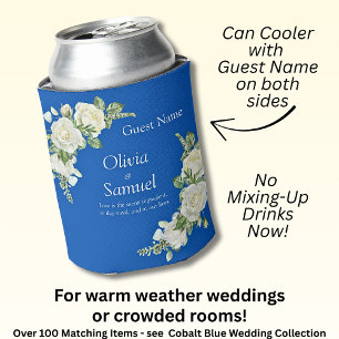 Add Guest Name Cobalt Blue & White Roses  Can Cooler