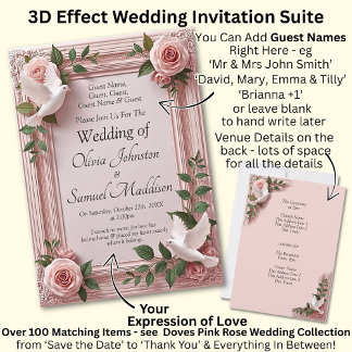 Add Guest Names, Doves and Pink Roses Invitation