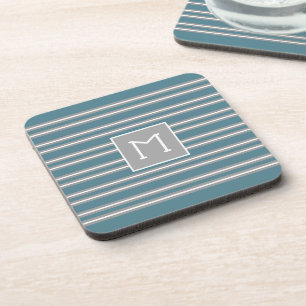 Add Initial Turquoise and Grey Stripe Pattern Coaster