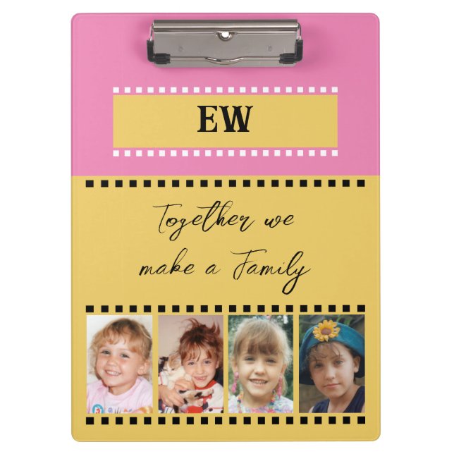 Add initials 8 family photos yellow pink clipboard (Front)