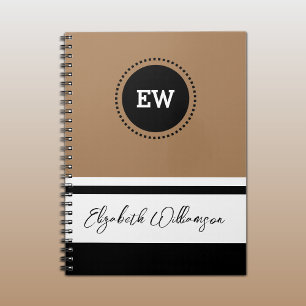 Add initials and name brown and black notebook
