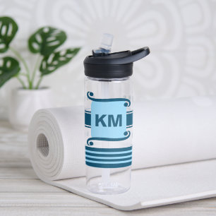 Add initials dark and pale blue with stripes water bottle