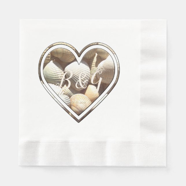Add Initials & Date Seashells Heart, Beach Wedding Napkin (Front)