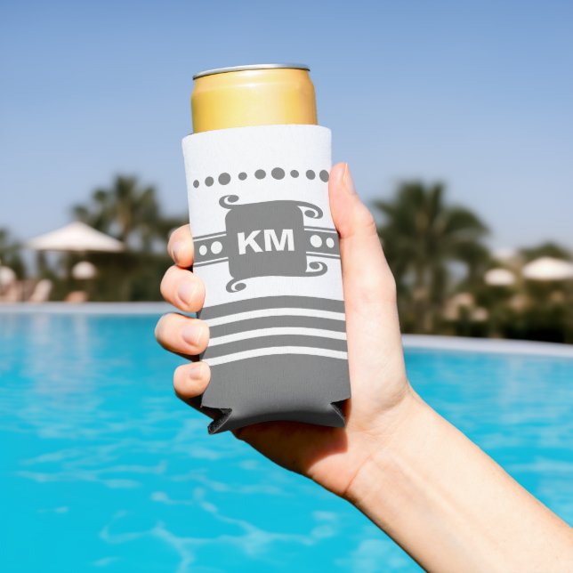 Add initials dots stripes relax white and grey seltzer can cooler (In Situ Pool)
