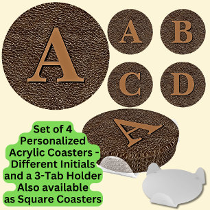 Add Initials Letter Monogram Brown Leather Look    Coaster Set