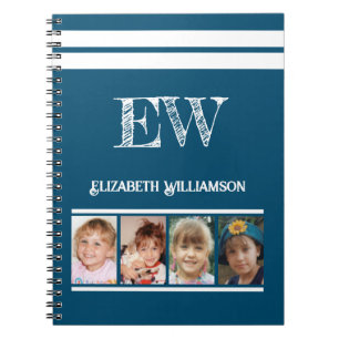 Add initials name 4 photos blue white notebook