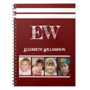 Add initials name 4 photos burgundy white notebook