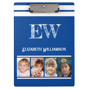 Add initials name 8 photos deep blue white clipboard
