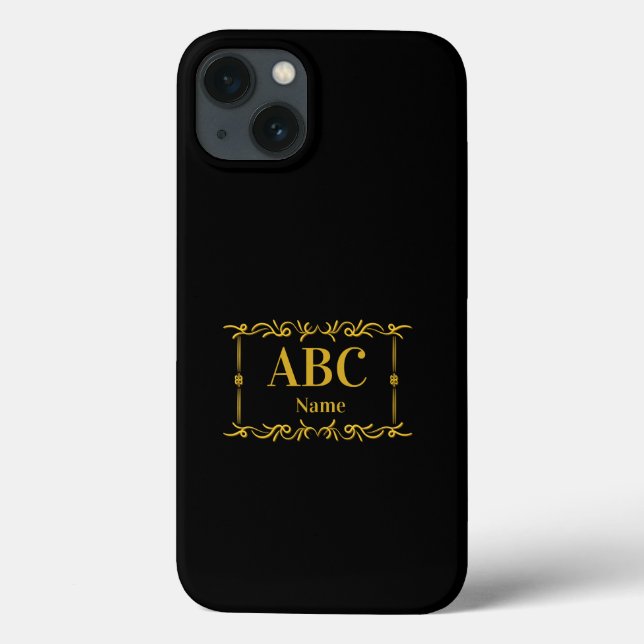 Add Initials & Name Golden Monogram Frame on Black Case-Mate iPhone Case (Back)