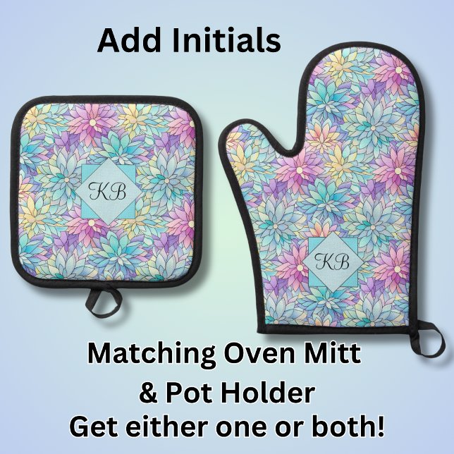 Add Initials, Pastel Abstract Flowers Oven Mitt & Pot Holder Set (Creator Uploaded)