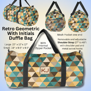 Add Initials, Retro Abstract Triangles Green Brown Duffle Bag