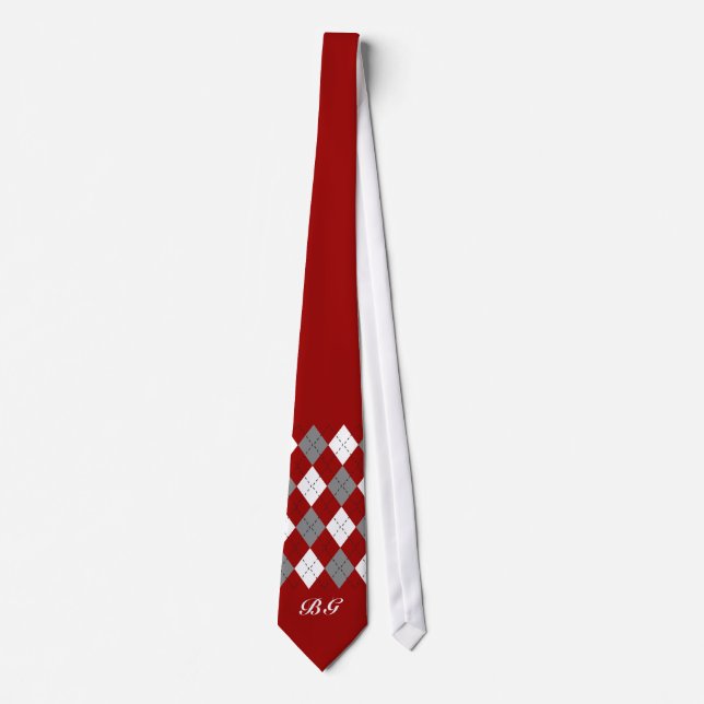 Add Initials Stylish Red Grey White Argyle Necktie (Front)