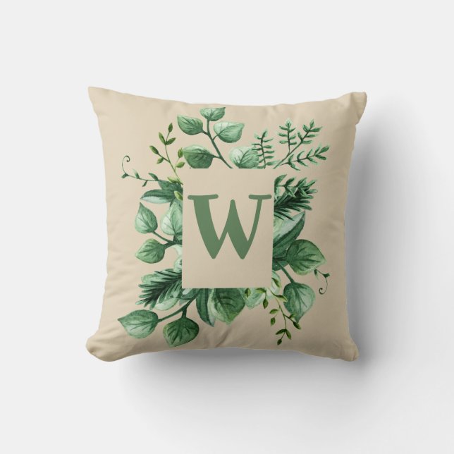 ADD LETTER -  Monogram Initial Leafy Greenery Home Throw Pillow (Front)