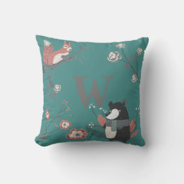 ADD LETTER -  Nordic Woodland Animals Folkart Teal Throw Pillow